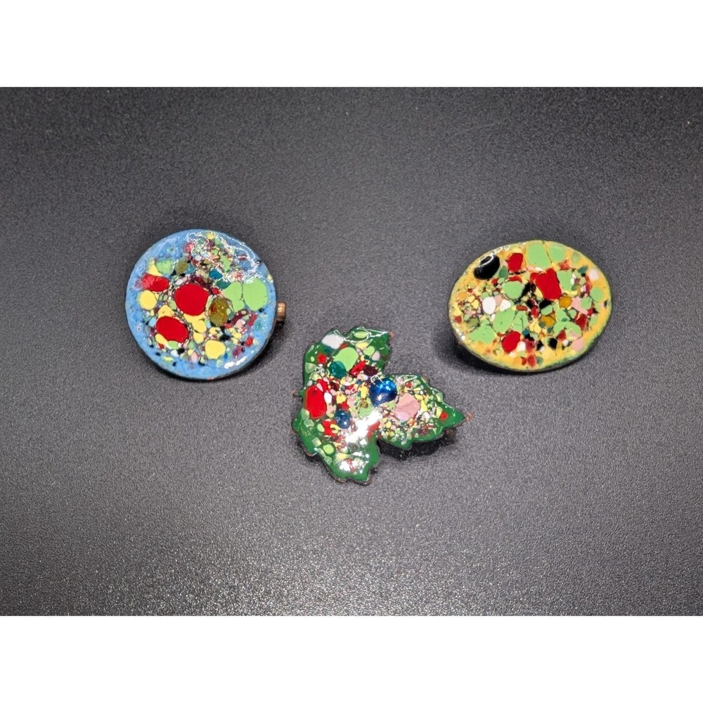 Vintage Confetti Enamel on Copper Brooch Pins Lot Abstract Mid Century Modern